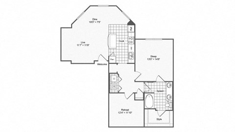 Floor plan for 1 bed, 1 bath, 1010 sqft